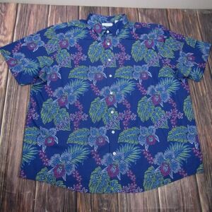 Caribbean Shirt Mens Big 3X Blue Floral Hawaiian Short Sleeve Stretch Casual